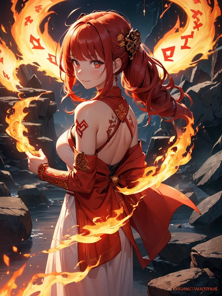 (((best quality, sharp image, clear image, cinematic lighting, 8k resolution, masterpiece, ultra detailed, intricate))) Girl, (((looking over shoulder))), shot from behind, ((half shot)), fire mage, cute, fiery red hair, pigtails in hair, (intricate dress), (white dress), ribbons in hair, smiling, fiery red, ((intricate Portal background)), ((fire magic)), candles, ((glowing runes on skin)), (flame patterns), ((fiery lotus flowers)), busy background., ((fire sigils)), (rock formations), Exploding rock, lavafalls, gauntlets, ((Red rubies)), busy background.