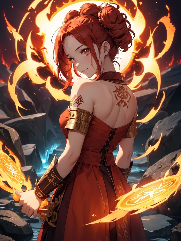 (((best quality, sharp image, clear image, cinematic lighting, 8k resolution, masterpiece, ultra detailed, intricate))) Girl, (((looking over shoulder))), shot from behind, ((half shot)), fire mage, cute, fiery red hair, pigtails in hair, (intricate dress), (white dress), ribbons in hair, smiling, fiery red, ((intricate Portal background)), ((fire magic)), candles, ((glowing runes on skin)), (flame patterns), ((fiery lotus flowers)), busy background., ((fire sigils)), (rock formations), Exploding rock, lavafalls, gauntlets, ((Red rubies)), busy background.