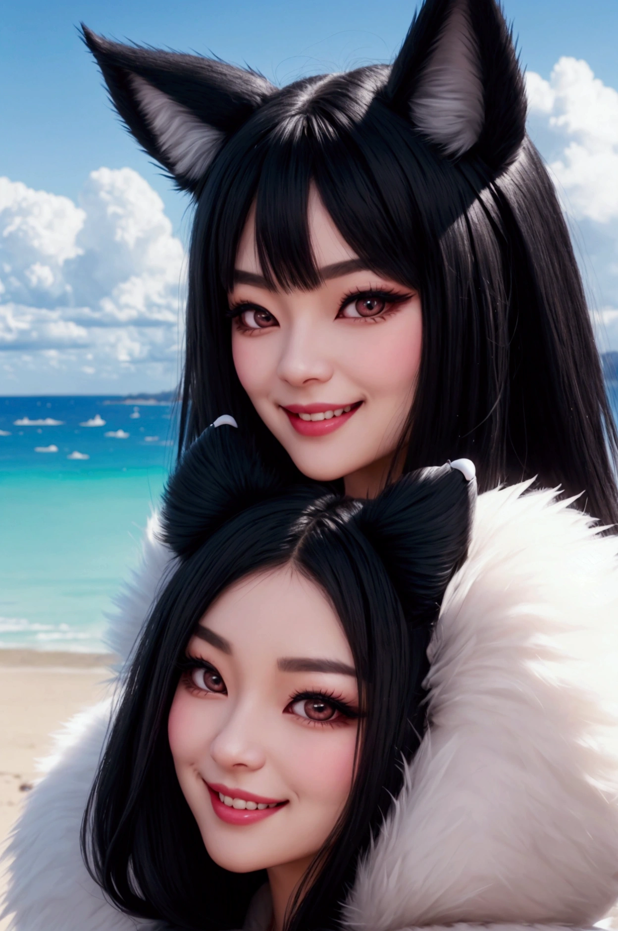 2 girls hugging each other,de bikini de gatinho, cat accessories on the head, uma com calda de gato e a outra com calda de raposa, sorriso safado,estilo anime semi realista, corpo inteiro