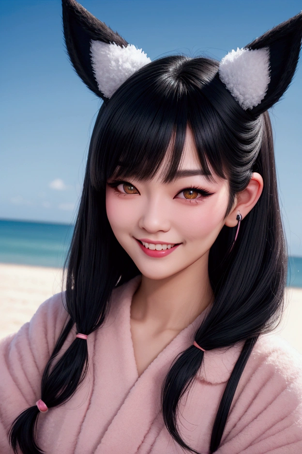 black hair, hair bobbles, wince, longeyelashes, solid circle eyes, fake animal ears, light smile, ear blush, fang, ccurate, Surrealism, drop shadow, anaglyph, stereogram, tachi-e, pov, atmospheric perspective, 8k, super detail, best quality