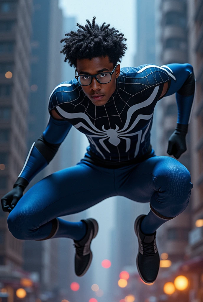A brown guy with glasses and curly black hair , and with the powers of Spider-Man, preta e azul.