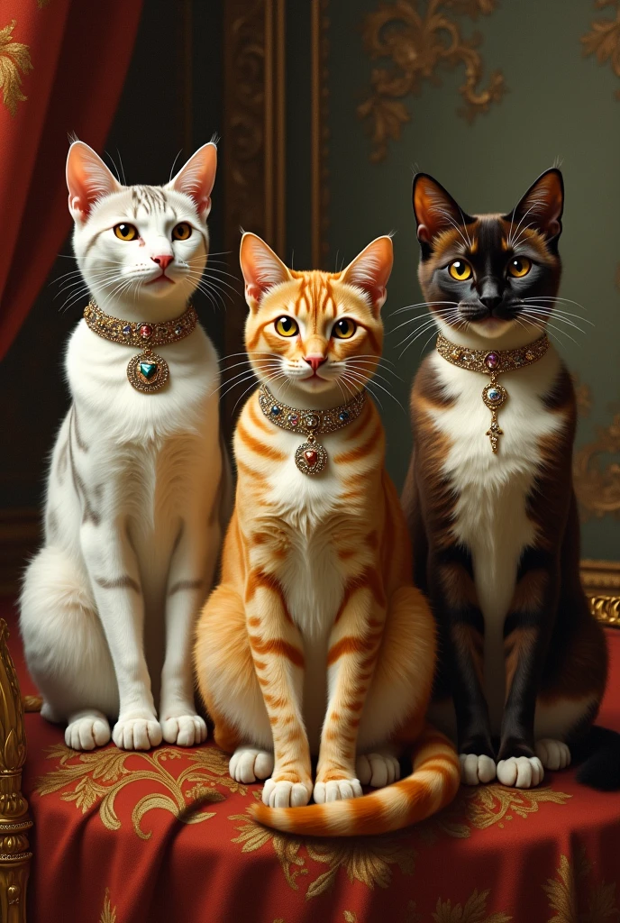 Create a painting-type image of an old-fashioned kind of style in the reign of the kings of Spain, that has three cats, a white cat with a few pale grey stripes, an orange-yellow cat, with fainter orange stripes, and a Siamese cat that has a combination of dark brown and light brown, slightly cream-colored, on the face and body, that they have decorations from that time as if they were kings