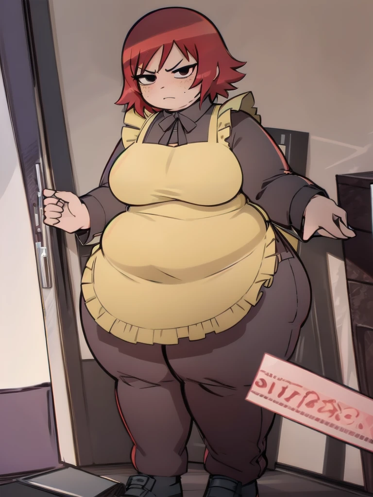 Who is new, indoors, Looking at the audience, 1 obese Girl, Solitary, angry, blush, Wide hips, Willow Waist, freckle, Red hair, black eyes:1.4, short hair, obese body , thick thighs, Fat Curvy beauty:1.2, BREAK, Maid costume, apron, High Leg Raise, Thighs squeeze huge breasts