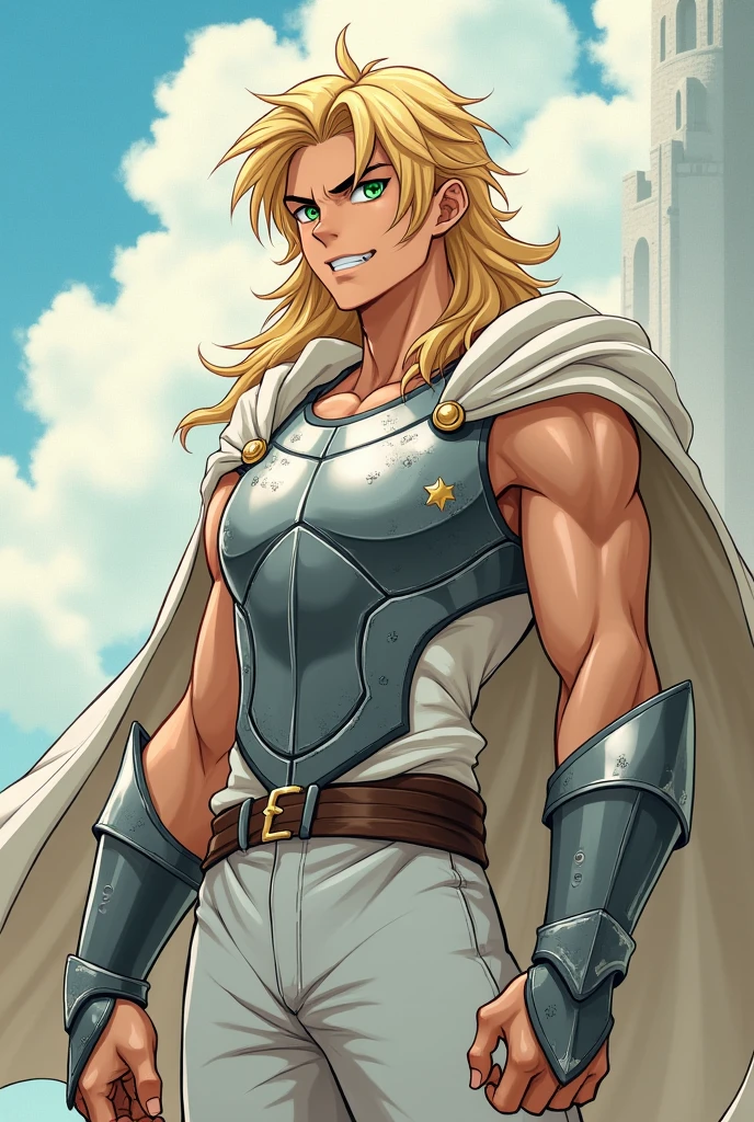fair-skinned male, youthful appearance, greeneyes, angry look, blonde hair long, wearing a white tank top, wearing white pants, wearing silver chest armor, Knights of the Zodiac style, anime styling, Full-body image