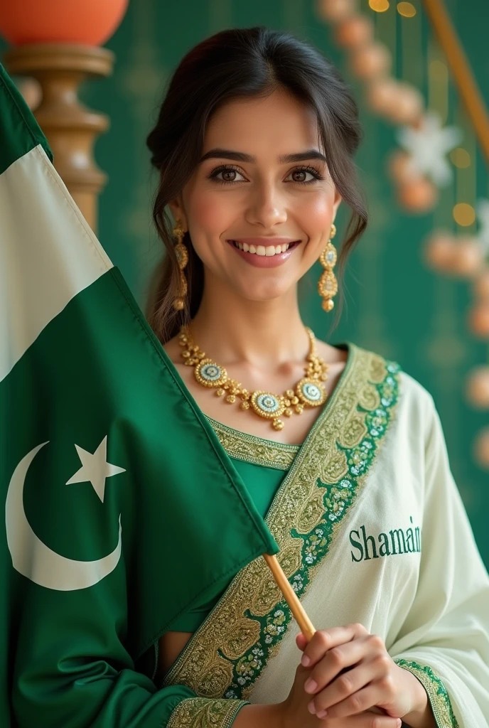 Create a profile picture with animation she's were a drss green and white and in hand Pakistani falg and write tha name in dress in front (Fiza) ..or background happy independence day