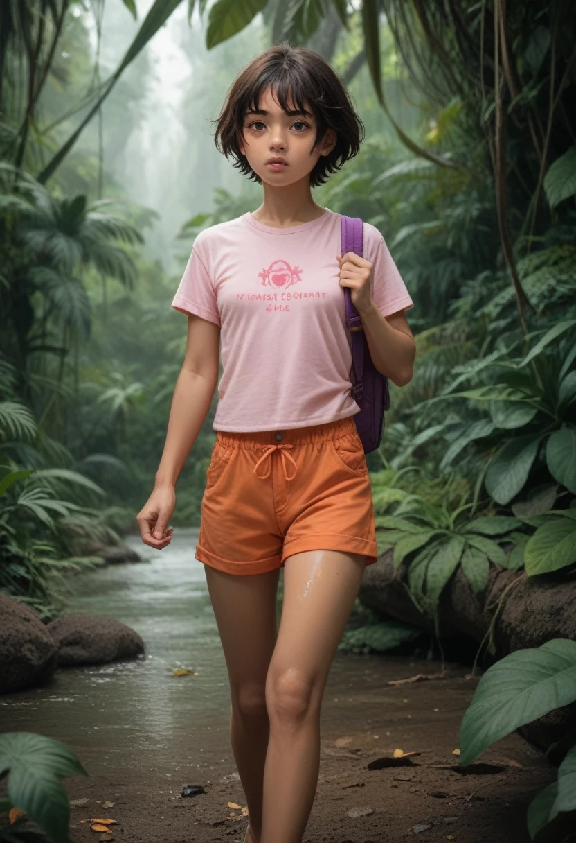 15 year old latino girl holding a huge pink stone in the jungle, brunette, short hair, pink t-shirt, orange shorts, purple backpack, walking through the jungle, sweaty, small breasts, small ass, short girl, sitting in front of treasure, holding a pink shining stone