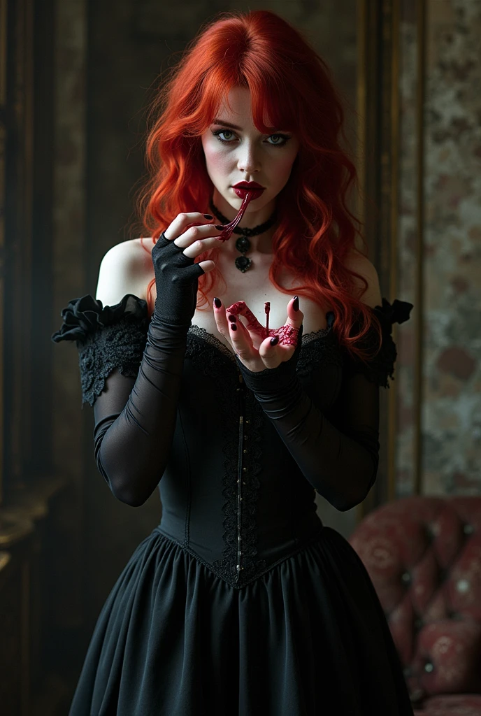 Red-haired Victorian goth licking her bloody hands