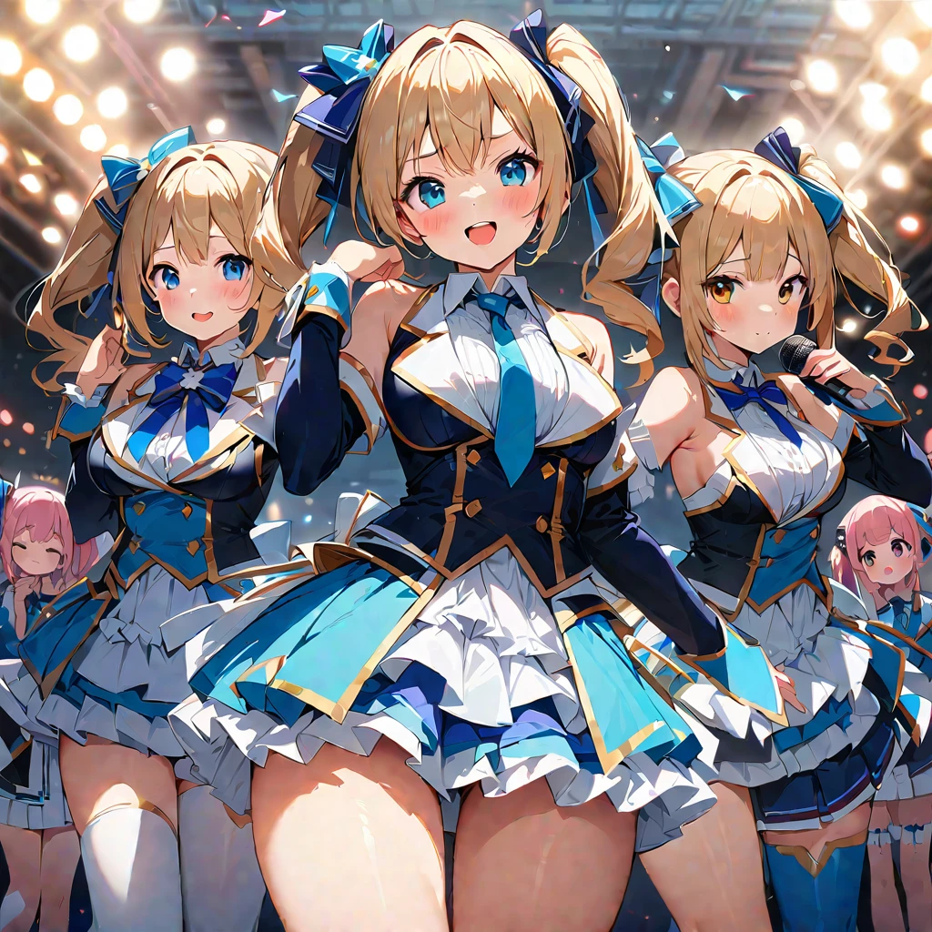 Highest quality, Super detailed, (Ultra-high resolution,8k), Ultra-high definition 4K, (Perfect Anatomy, Anatomically correct), ((5 cute idol groups)), (Women's dress with detailed floral print), (Beautiful Eyes), (Detailed eyes), (High-quality facial beauty), (Live Performance), (Photorealistic), (Big Breasts), Soft Skin, Glowing Skin, Bright lighting, ((High Jump)), (cute), colorful, Goddess-like beauty, ((look back))