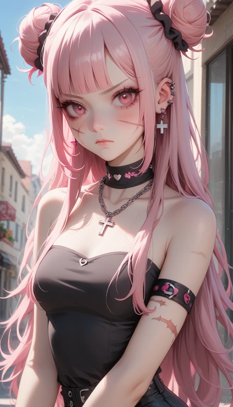 Masterpiece, Score_9, score_8_up, 8k, ultra-detailed, Ultra-high resolution, high-quality, 1girl, cute, scrunhie, perfect anatomy, pink hair, pink eyes, long hair, double bun haircut, blunt bangs, goth girl, scar, scar on face, blood on face, chain necklace, ear piercing, piercing, armlet, thighlet, small breasts, strapless neckline, hot pants, bare shoulders, annoyed, v-shaped eyebrows, blushing, closed mouth, sexy, medium wide shot 