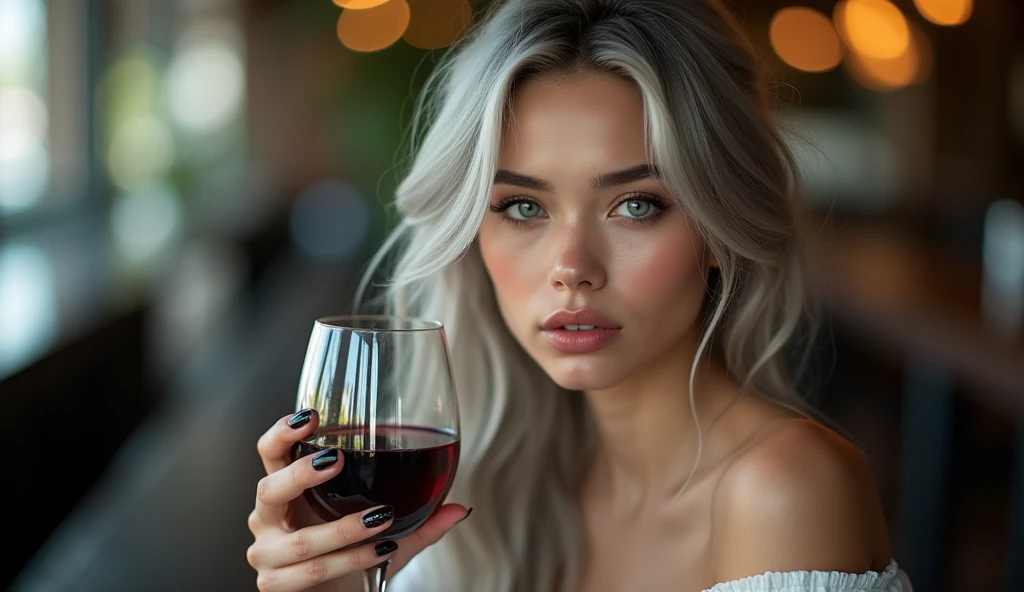 Beautiful girl with white skin, light gray hair, with bright shiny eyes, shiny skin, beautiful black manicure, beautiful nails, pearly skin, wearing black dress, beautifully detailed fingers, professional photo, 4K, high resolution, high detail, aesthetically pleasing, beautiful, realistic, looking straight ahead, beautiful long black nails, sitting at a bar with a glass of red wine, glitter