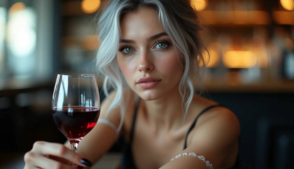 Beautiful girl with white skin, light gray hair, with bright shiny eyes, shiny skin, beautiful black manicure, beautiful nails, pearly skin, wearing black dress, beautifully detailed fingers, professional photo, 4K, high resolution, high detail, aesthetically pleasing, beautiful, realistic, looking straight ahead, beautiful long black nails, sitting at a bar with a glass of red wine, glitter