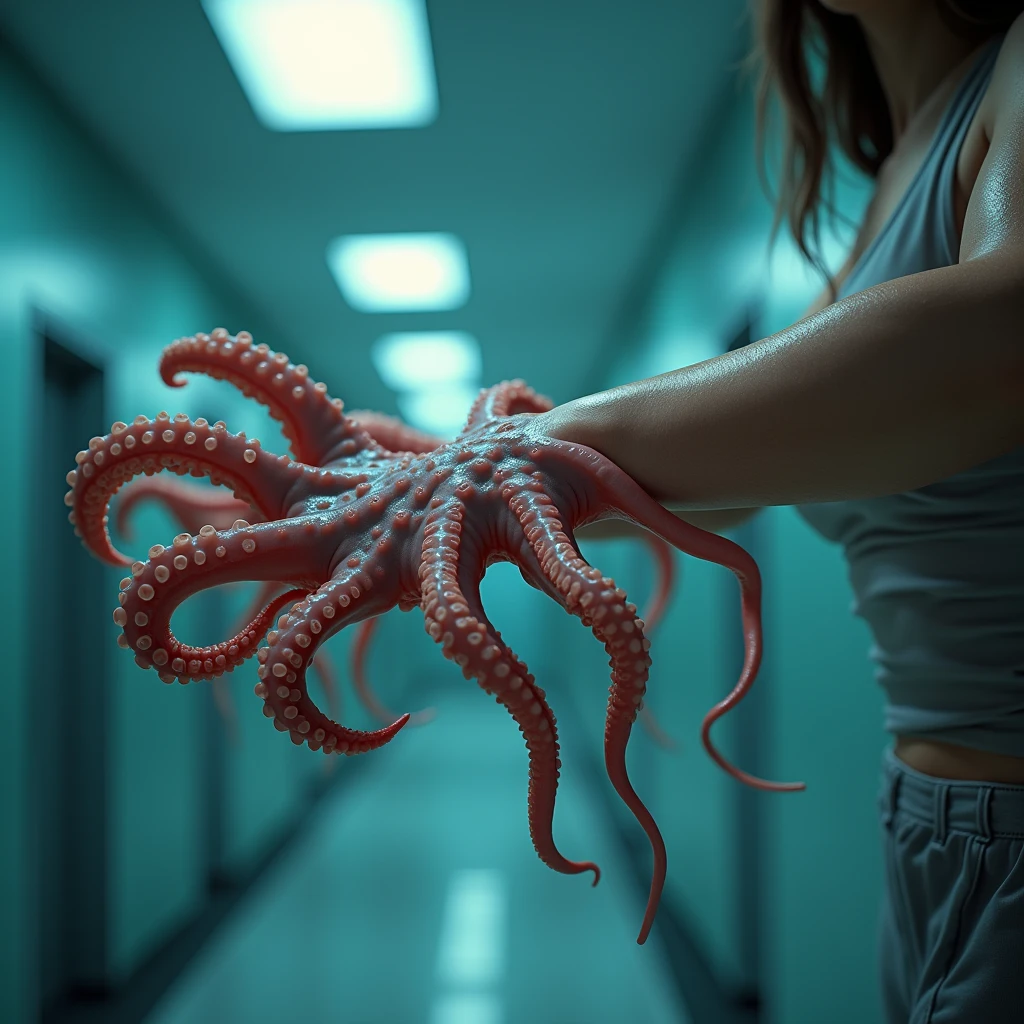 sf, Horror、Detailed close-up of a woman's arm transforming into octopus legs in a brightly lit room、Ultra-realistic, Bright and clear lighting, Bioluminescent details, Organic Texture, Surreal, Very detailed, real