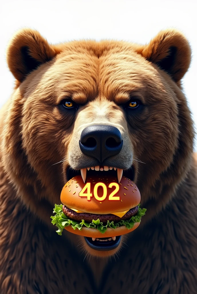 Design the face of a fierce bear biting a hamburger in the middle of its mouth and in the middle of the hamburger put the numbers 402 in white outlined with orange and make the bear's face look forward and be just the face of the bear, no hands and the smallest burger that fits between your teeth