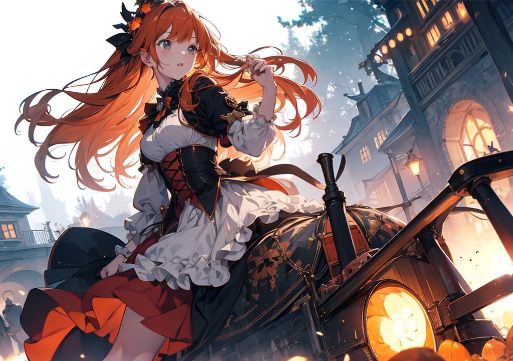 Realistic photos, Focus distance 10mm, Red and white, Beautiful girl, Realistic photos, Shooting at focus distance 10mm, masterpiece, 最high quality, high quality, Very detailed CG 8k wallpaper unit, Award-winning photography, Depth of written boundary, High resolution, bloom, chromatic aberration, Realistic, Very detailed, Art Station Trends, CGsociety Trends, Complex, High detail, dramatic, Art on the go, volumetric lighting, A young orange-haired girl is about to embark on a Halloween adventure in a pumpkin carriage through a Disney princess-style enchanted forest. A full moon shines and fog hangs in the background
