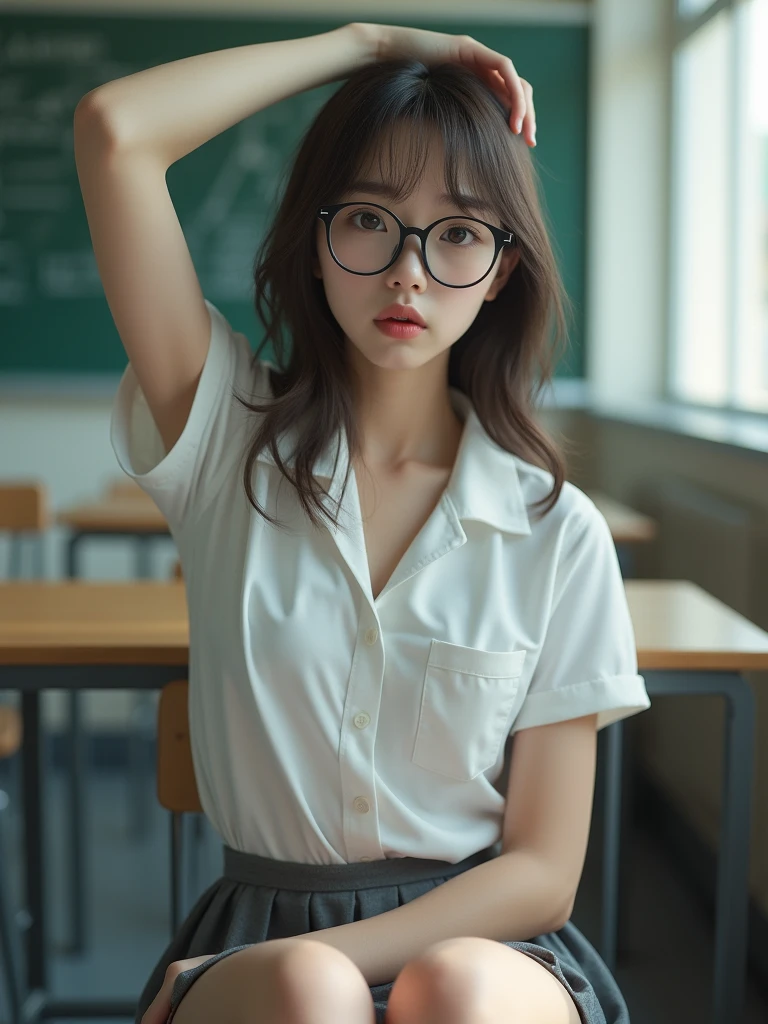 8K, masterpiece, ultra HD, intricate detailed, RAW photo, highly detailed, RAW photo, best quality, A beautiful girl, 22 years old, pale skin, real skin, pleading eyes, open mouth, wearing school uniform, open white shirt, 1 arm above head, small breast, ((grey mini skirt:1.3)), black round glasses, ((Sitting front view:1.5)), ((spreading legs, open wide legs:1.4)), (sitting on classroom's chair:1.5), front view:1.5, Blured background, depth of field, (lift skirt by myself, show my white panties:1.1), half body shots, closer photo taken, barefeet, Slim body, slender legs, slim muscular body, small breast, wavy hair, ash-brown hair color, ((front view, from below:1.5)),white panties,soft front lighting,1 girl ,solo,beauty,1girl