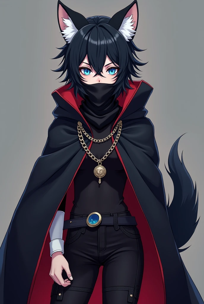 ((masterpiece, Anime)) Wolf girl, 24 years, long wolf's tail, female, Short black hair with white tips, handsome, slender, dark priest with balck and red cloack, blue eyes, cultist, solo, one character, Long clothes. Black bandana covering the mouth and reinforced pants in colors that match the outfit. White armband, Sunglasses with round lenses on her nose.