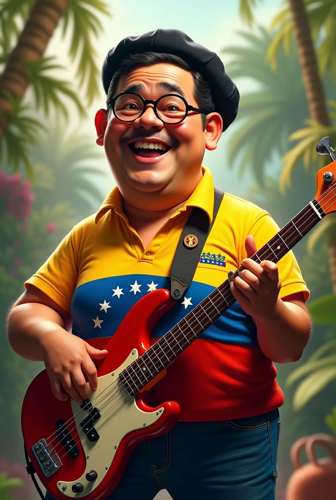 Light brown skinned tropical musician with no hair and a fat build playing bass dressed in a shirt with the flag of Venezuela smiling with glasses and a black beret 3d
