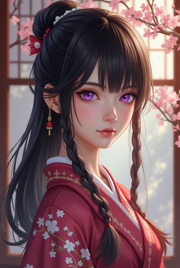 A woman with Braided bangs dark brown hair and purple eyes In traditional Japanese clothing