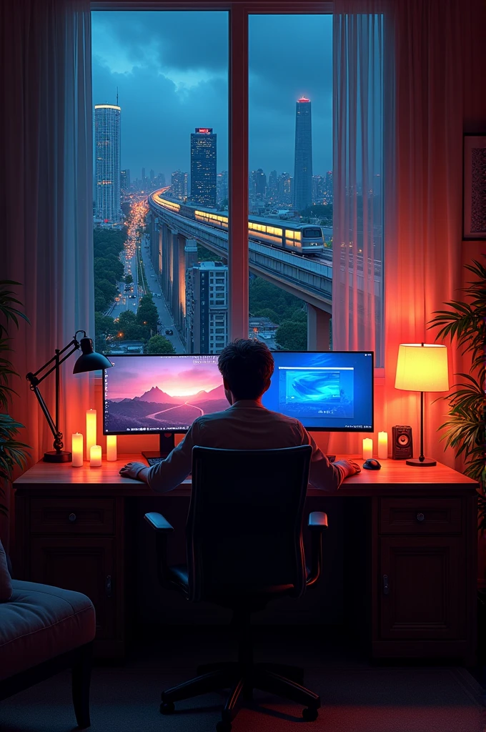 now i need to add a monorail with a passing train in the distance and some flickering lights in the building to make it look real. then need to add a a desk with two computers because that's where i will be sitting facing the camera
a desk like this but only the first two computers that have their back facing the camera
and a keyboard and mouse
basically like a home office
in the office scene can add some live light to the candles in the room as well etc
Monitor back is facing is on camera side not front you added it into front side
