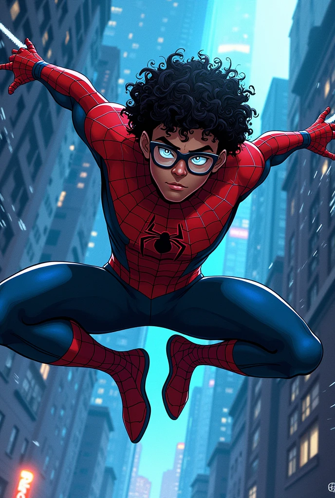 A brown guy with glasses and curly black hair , and with the powers of Spider-Man, preta e azul.