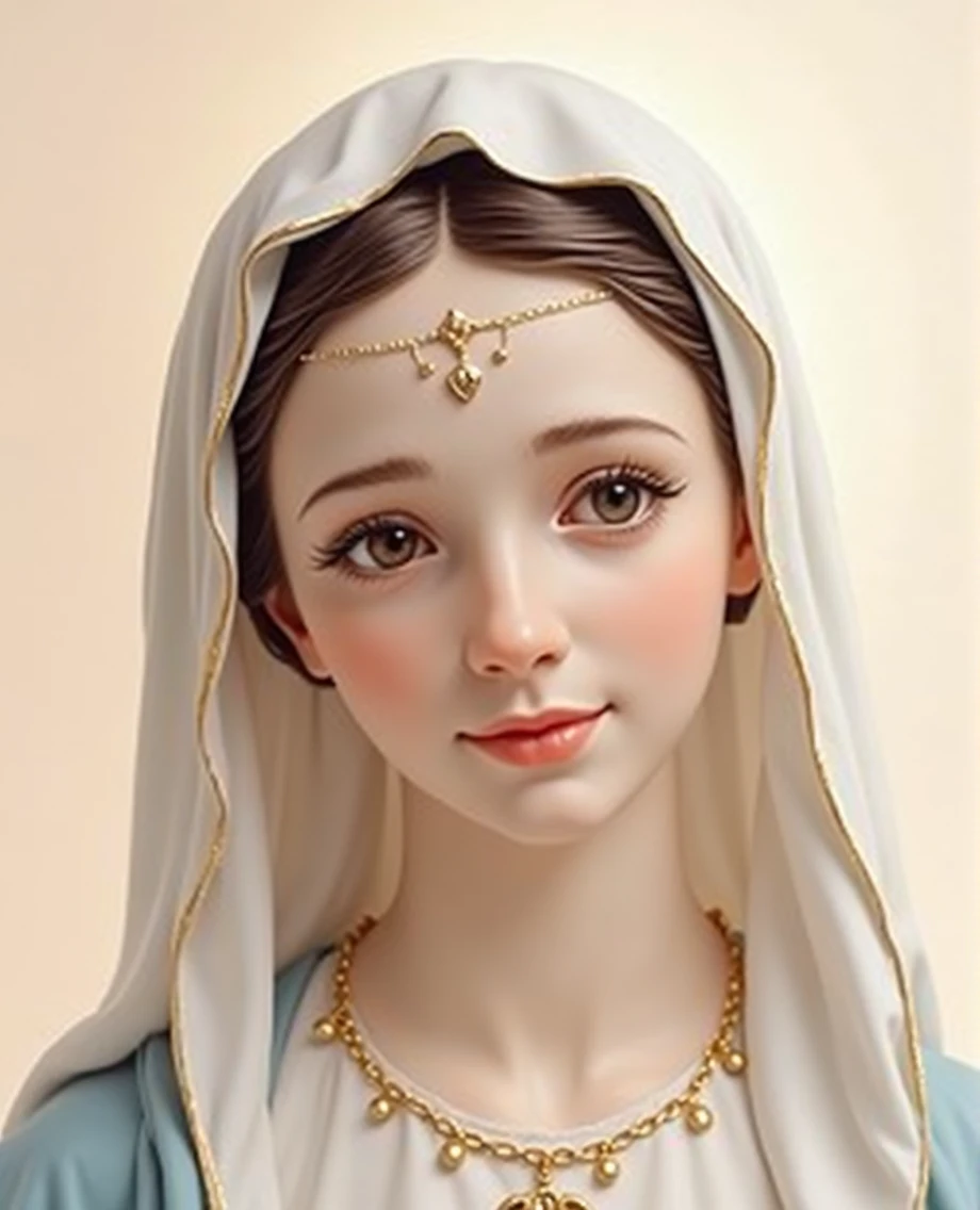 Our Lady of Fatima, Mary of Catholicism, face of mary, face perfect, rosto angelical, blackquality hair, white veil, ultra realisitic, wall-paper, super realistico, beautiful face, heavenly beauty, Catholic, holy mary, Mother of God, only upper part, Heart of Our Lady of Fatima, slightly-smile, cute face, facial expression of tenderness, slightly-smile, Maternal love, standing alone, perfect youthful face, detalhes super realistico, extreme detailed face, PICTURE REALISTIC, detail in the calm eyes, detalhe no face perfect, perfect catholic image,incredible beauty , gold and diamond crown, beautiful heart, Catholic Heaven.
