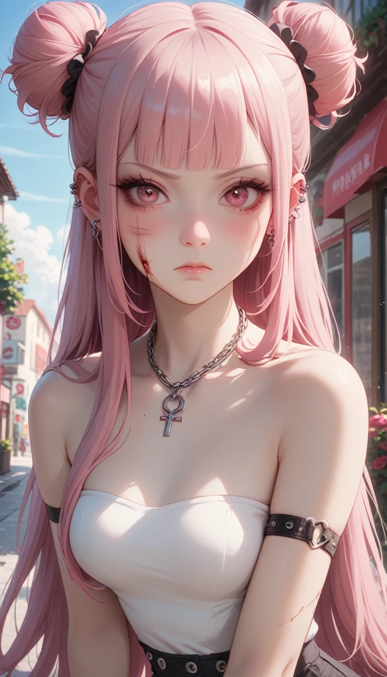 Masterpiece, Score_9, score_8_up, 8k, ultra-detailed, Ultra-high resolution, high-quality, 1girl, cute, scrunhie, perfect ???????, pink hair, pink eyes, long hair, double bun haircut, blunt bangs, goth girl, scar, scar on face, blood on face, chain necklace, ear piercing, piercing, armlet, thighlet, small breasts, strapless neckline, hot pants, bare shoulders, annoyed, v-shaped eyebrows, blushing, closed mouth, sexy, medium wide shot 
