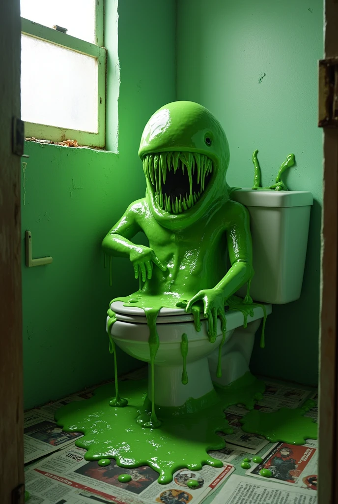 Green Slimy Alien Blob With Tentacles,green slime invasion, alien drops, jumping out of the toilet,background:small bathroom,1toilet,1 window,checkerboard floor,mess,Newspapers,(green slime explosions),