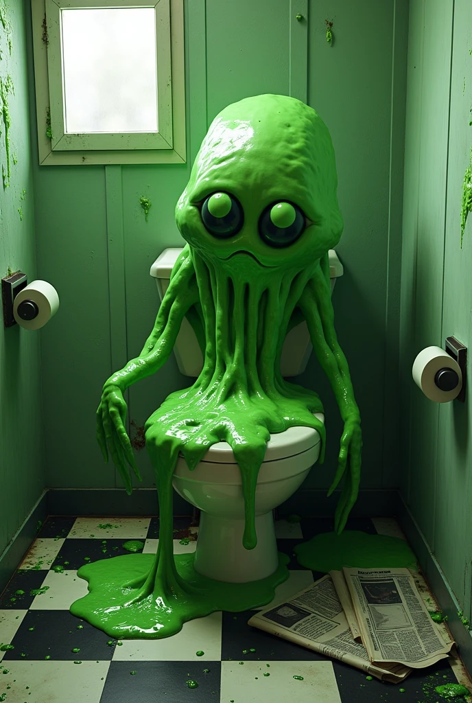 Green Slimy Alien Blob With Tentacles,green slime invasion, alien drops, jumping out of the toilet,background:small bathroom,1toilet,1 window,checkerboard floor,mess,Newspapers,(green slime explosions),