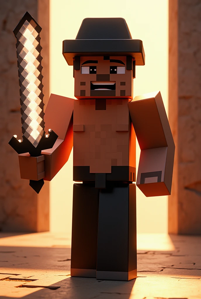 A Minecraft character standing Without a shirt or t-shirt holding a diamond sword. A hat on his head. Wearing a black color pant with a nice shoe. Beautiful bright light from front. Minecraft character Close view. 3D minecraft character