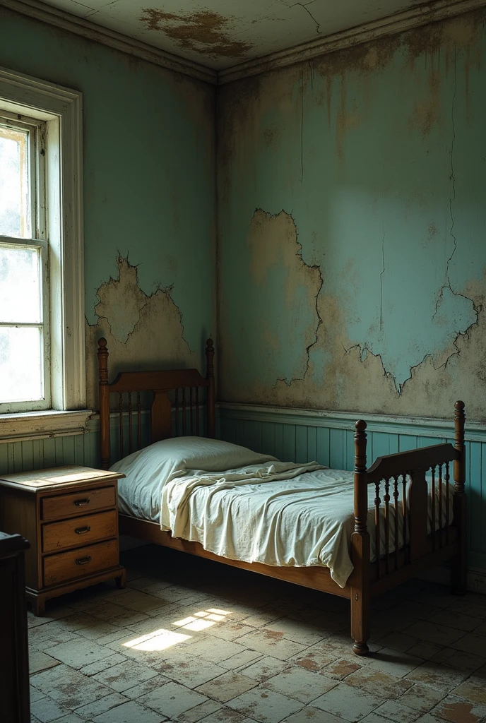 Ugly female bedroom with no person in the room realistic with water infiltration on the walls