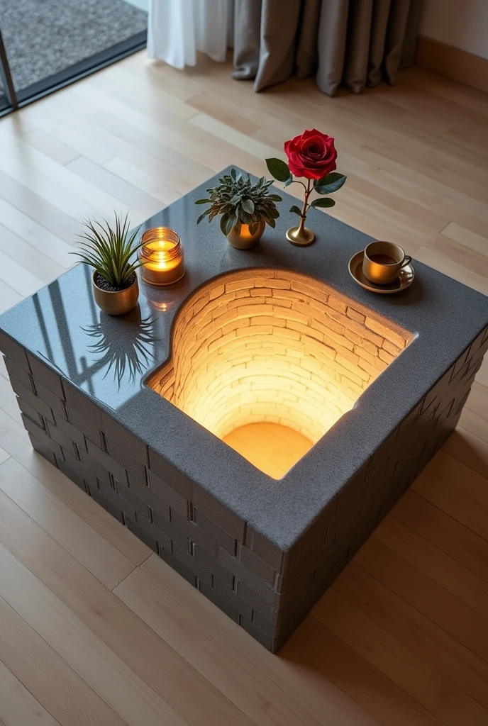 Small square coffee table handcrafted, featuring a reflective glass top that creates a stunning visual effect resembling an endless tunnel, lit from the inside with warm white LED lighting. The sides are covered with a material that simulates the appearance of grey bricks with a three-dimensional texture.. The table is decorated with simple decorations such as small plants, a golden candlestick containing a red rose, and a coffee cup.. The table is placed on a light-colored wooden floor.. The table design combines simplicity and elegance with a touch of modernity, making it a distinctive piece of art in any room.