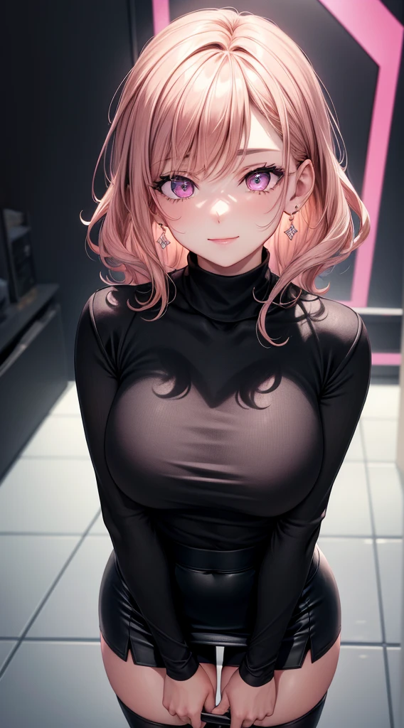 8k, highres, ultra detailed, (masterpiece:1.4), best quality, symmetrical body, (tight black roll-neck sweter:1.4), (Tight skirt:1.4),, cute, solo, earrings, short hair,Long Wavy Hair, pink eyes, glow effect, finely eye, grinning, Sad expression, detailed face, looking at viewer, smilling at viewer, office, standing, angled view, big breasts, teasing, seductive look