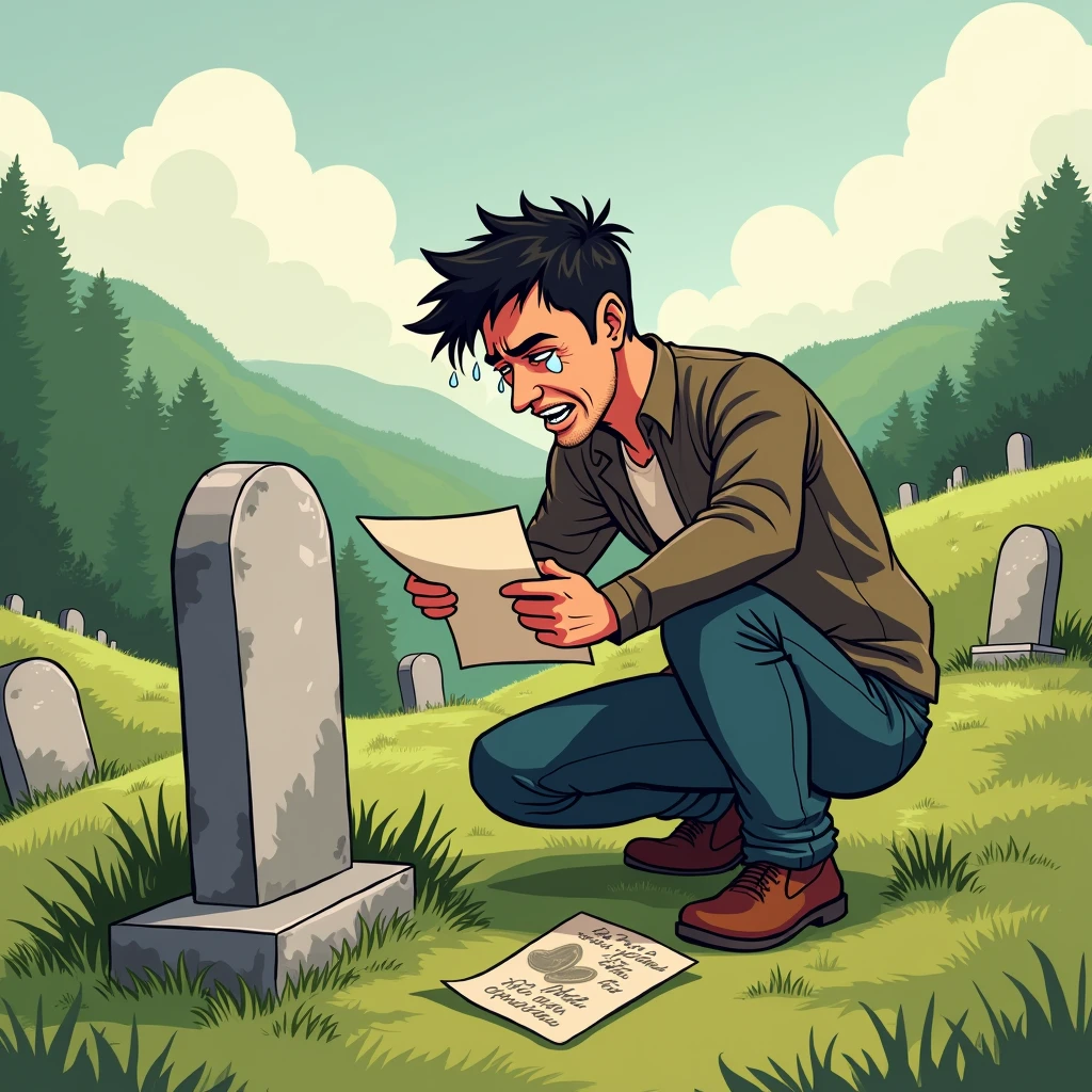 man crying on a grave while holding a paper in his hand cartoon