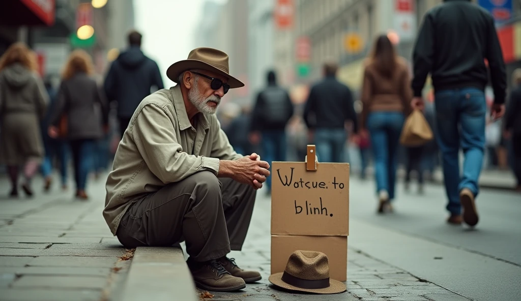 Image description: "A blind man, middle-aged, sitting on the edge of the sidewalk in a public place. He is wearing simple clothes and has an old hat in front of him. Next to him is a wooden sign that says: 'I am blind, help me'. In the background, the road is crowded with pedestrians, reflecting the movement and congestion of the city." 