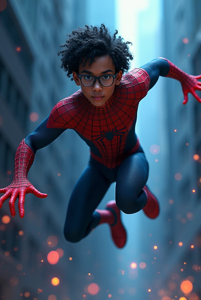 A brown guy with glasses and curly black hair , and with the powers of Spider-Man, preta e azul.