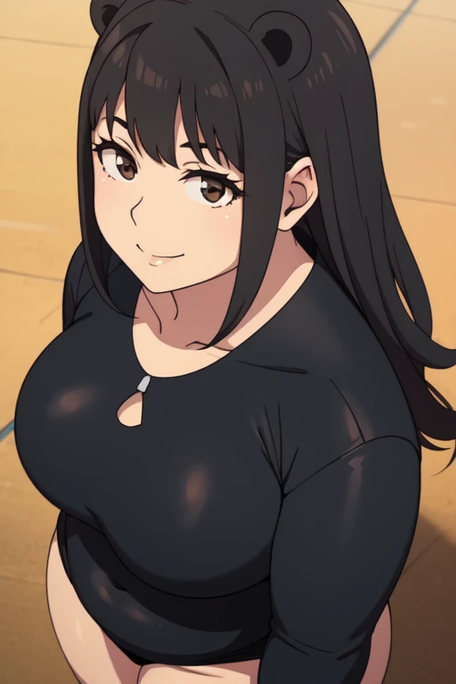 Plump year 21 big breasts black hair brown eyes chubby smile bear girl black leotard longer hair seen from above 