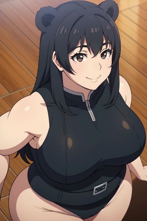 Plump year 21 big breasts black hair brown eyes chubby smile bear girl black leotard longer hair seen from above 