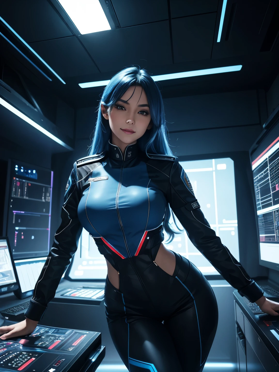  highly detailed, 8k resolution, masterpiece, one girl, blue_hair_tubes, wearing a sleek officer's uniform that hugs her curves, a serious expression with a playful twist, as if she's trying to look stern but can't help but smile, smirking lips, (ideal_Face), (hyper-realistic:1.3), (Beautiful lighting:1.3), vibrant, dynamic lighting, a confident pose showing off her stunning figure, standing in a futuristic spaceship command center, surrounded by high-tech consoles, with her hands on her hips, slightly leaning forward as if she's about to burst into laughter, camera angle slightly from below, capturing her confident yet playful demeanor.