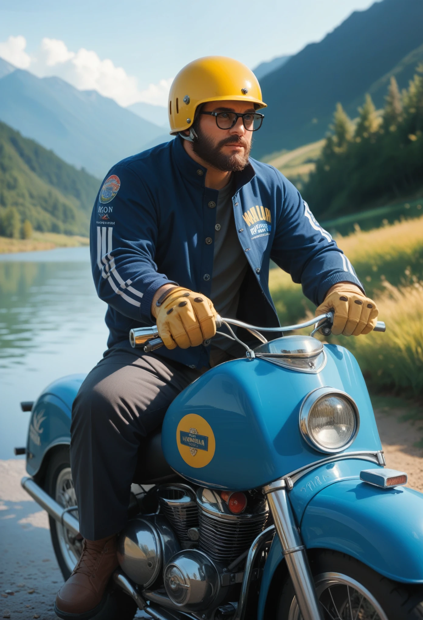 A man with grey hair and beard wearing black glasses, a yellow helmet black jacket riding a blue Vespa motorbike mountain landscape over a lake.