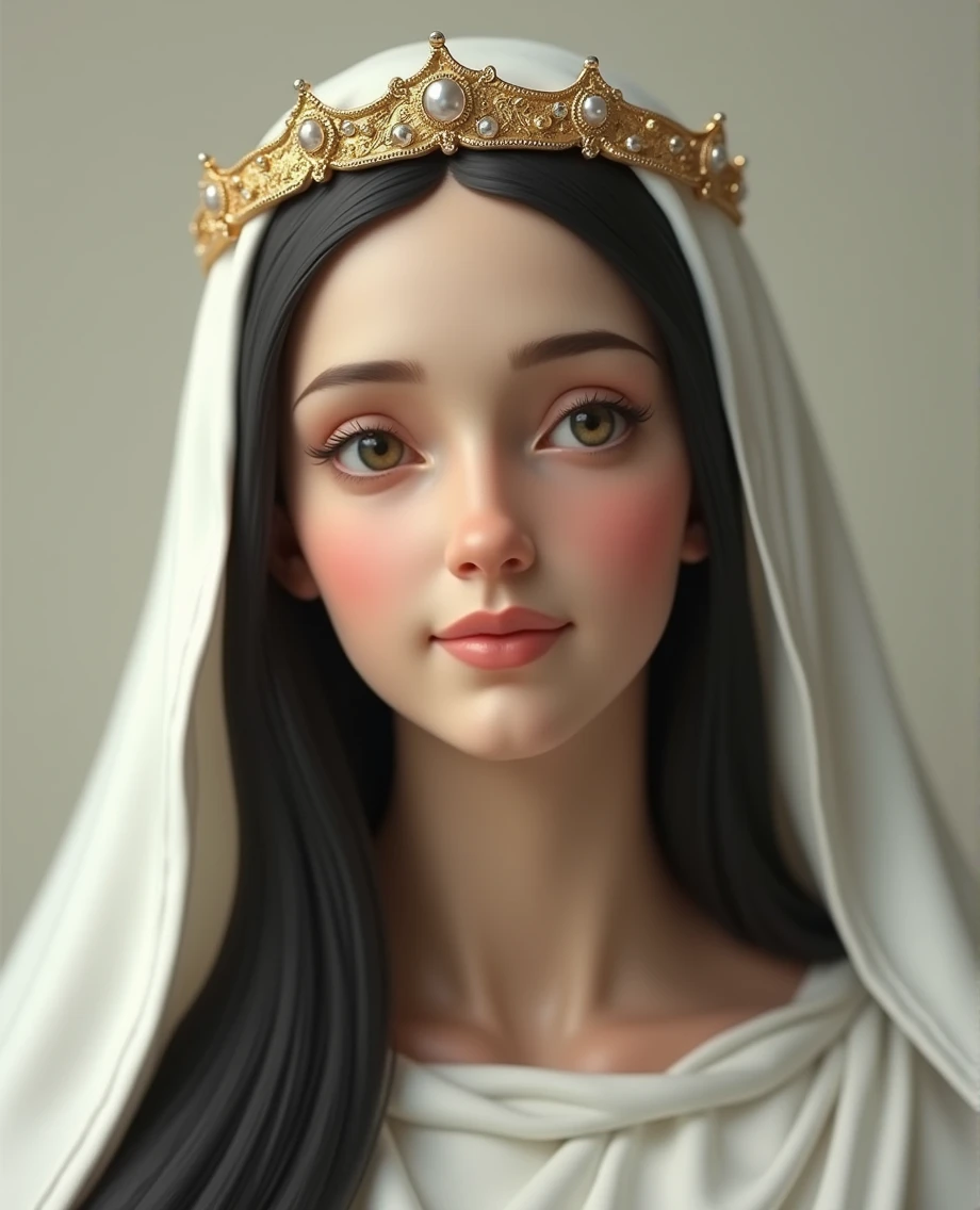 Our Lady of Fatima, Mary of Catholicism, face of mary, face perfect, rosto angelical, blackquality hair, white veil, ultra realisitic, wall-paper, super realistico, beautiful face, heavenly beauty, Catholic, holy mary, Mother of God, only upper part, Heart of Our Lady of Fatima, slightly-smile, cute face, facial expression of tenderness, slightly-smile, Maternal love, standing alone, perfect youthful face, detalhes super realistico, extreme detailed face, PICTURE REALISTIC, detail in the calm eyes, detalhe no face perfect, perfect catholic image,incredible beauty , gold and diamond crown, beautiful heart, Catholic Heaven.