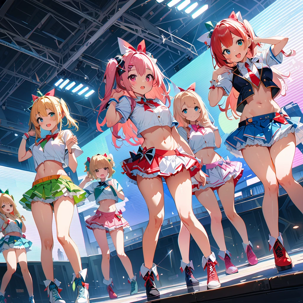 Highest quality, Super detailed, (Ultra-high resolution,8k), Ultra-high definition 4K, (Perfect Anatomy, Anatomically correct), ((5 cute idol groups)), (Women&#39;s dress with detailed floral print), (Beautiful Eyes), (Dynamic composition), (High-quality facial beauty), (Live Performance), (Big Breasts), Soft Skin, Glowing Skin, Bright lighting, ((High Jump)), (cute), colorful, Goddess-like beauty