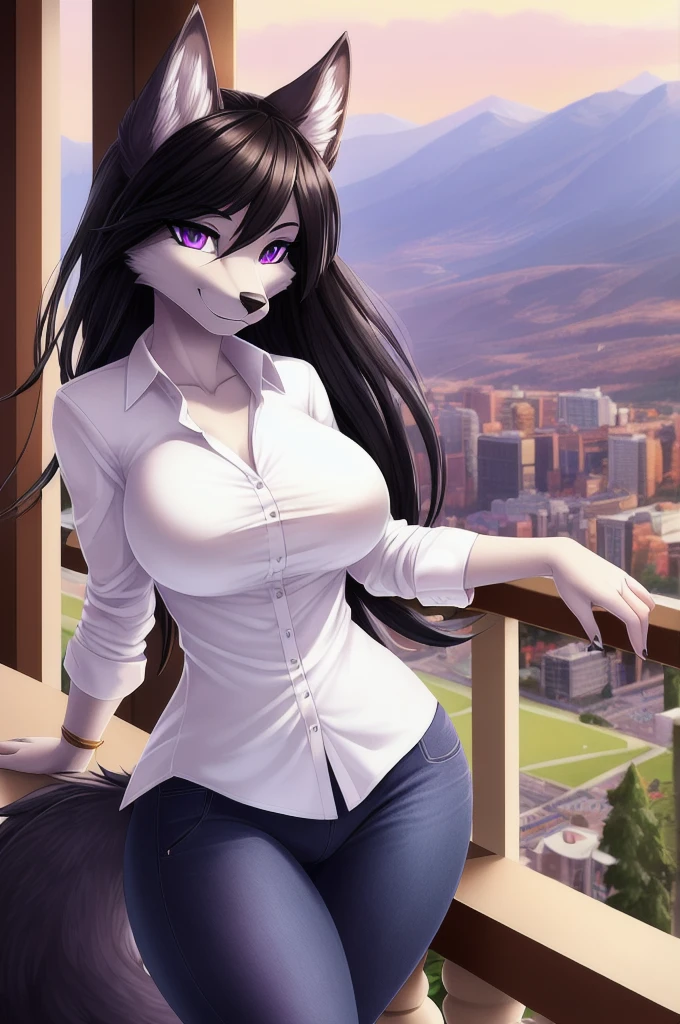 solo, masterpiece, furry, female, wolf, anthropomorphic, grey fur, detailed fur, black hair, sexy, curvy, round breasts, medium breasts, perfect hips, white formal shirt, jeans, fluffy tail, smile, purple eyes, detailed eyes, detailed face, detailed background, hotel balcony, beautiful landscape