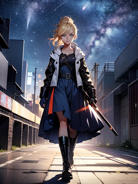 1 girl, ultra long hair,detailed face, glowing lips, glowing blue eyes, very long ponytail, short dark blue dress, black biker jacket, elegant walk, catwalk, holding down a  giant katana, blonde, long eyelashes, long boots , looking to the sky, starry sky,