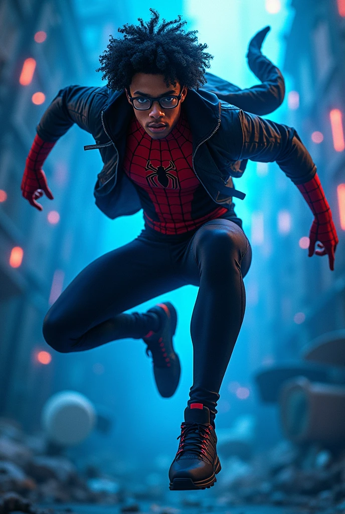 A brown guy with glasses and curly black hair , and with the powers of Spider-Man, preta e azul.