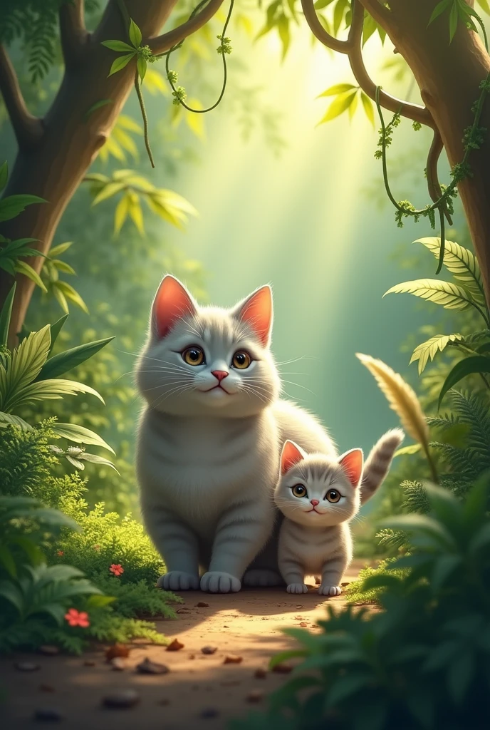 Grey cute cat with her kitten walking in green jungle 