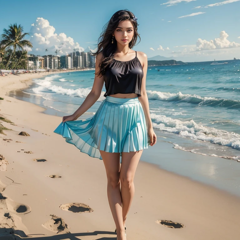 (​masterpiece, best quality:1.5), highest quality, High resolution, super detailed, Realists, Full body photo of a black-haired 22-year-old woman, detailed and beautiful eyes, beautiful detailed lips, very detailed eyes and face, longeyelashes, 22 year old woman in a chiffon top, Beautiful and colorful makeup, elegant and noble々Pose,shiny satin headband,, Beach and sea as background, bright daylight, bright colors, fine brushstrokes, Portrait style, beautiful color palette, glowing skin, First-class rendering, that captures every detail, enchanting atmosphere, (perfect anatomy:1.2), (The stunning woman wears a chiffon tank top and a long pleated satin skirt (magnificent panorama view:1.2)