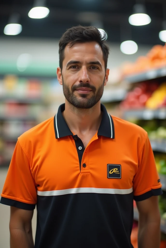 a man in an orange, black and white polo shirt wearing a supermarket uniform with a blurred background