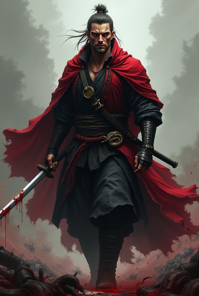 a samurai with dark blond hair, with light blue eyes and his left eye closed by a scar, with a red cloak full of blood, walking over corpses, in his hand a katana full of blood and with a dragon tattoo on his right hand
