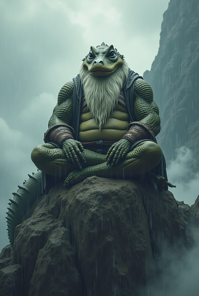 Humanity, male, Fat Old Crocodile, elder, Detailed eyes, Detailed clothing, Big Fat. Overweight,Huge body、 White Beard, Samurai costume, Open your eyes, Sky Background, it's raining, Meditating on top of a big mountain (wild_length_beard), (moustache),(Chest whiskers) POV Distant View,aerial photograph