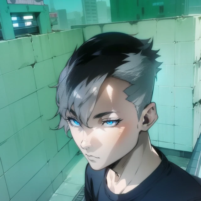 masterpiece, young male, white hair, short hair, messy spikey hair, silver eyes, casual clothing, deep blue tech jacket, black pants, detailed eyes, expressionless, city background